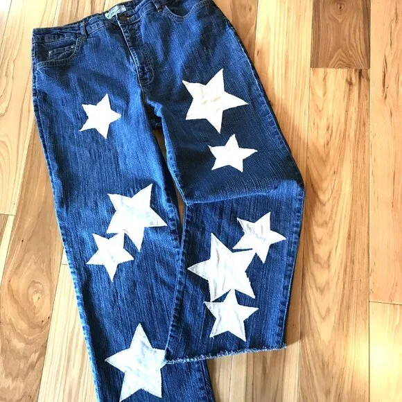 Upcycled Patchwork Jeans, Cropped Denim Hippie Pants with White Stars Size 16 - Picture 4 of 13